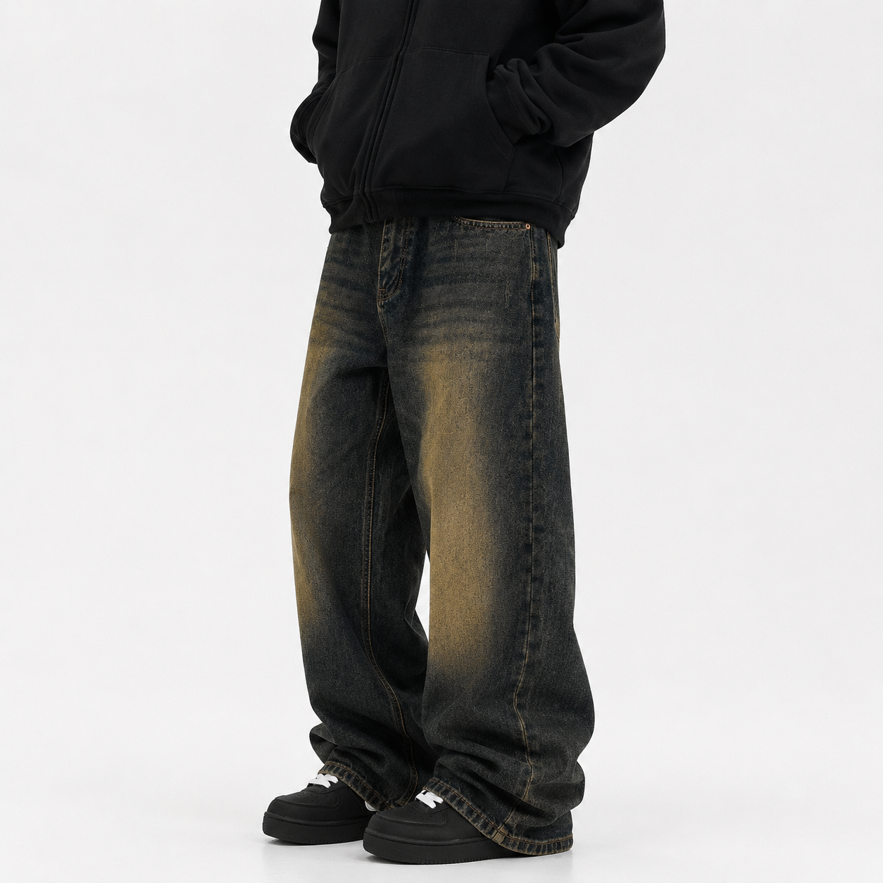 Men’s American Retro Washed Distressed Draping Jeans