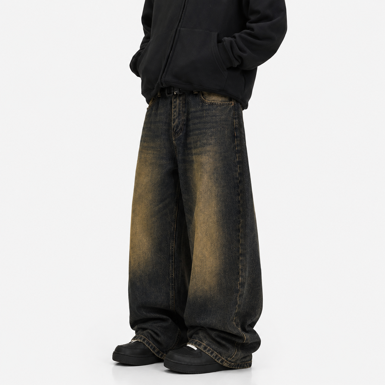 Men’s American Retro Washed Distressed Draping Jeans