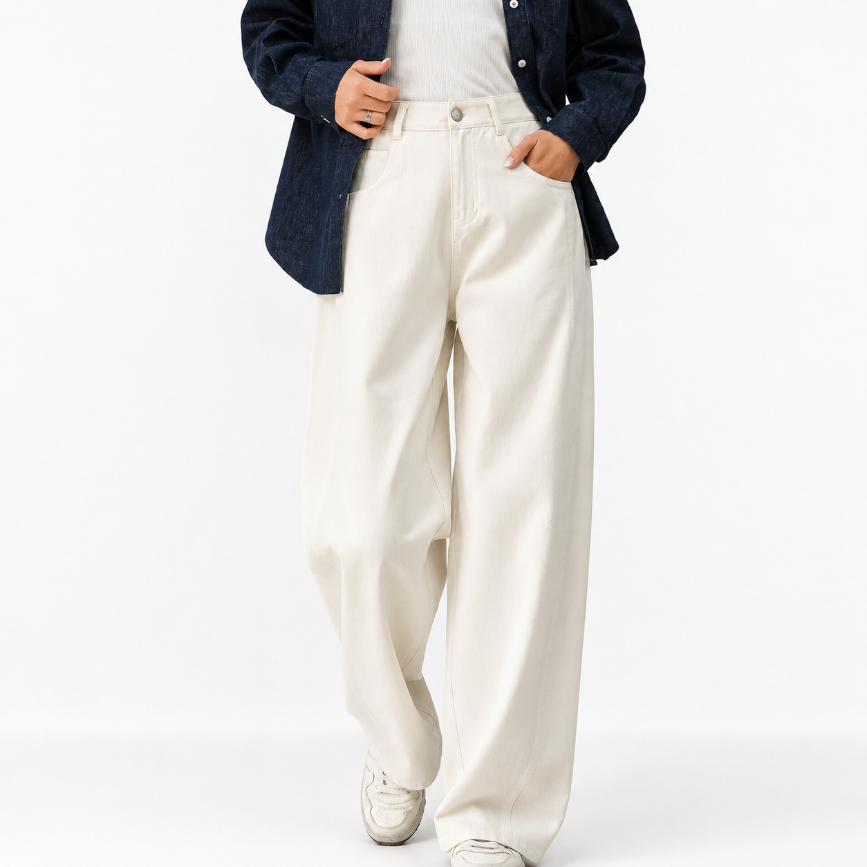 High-Waisted Curved Wide-Leg Retro Pants