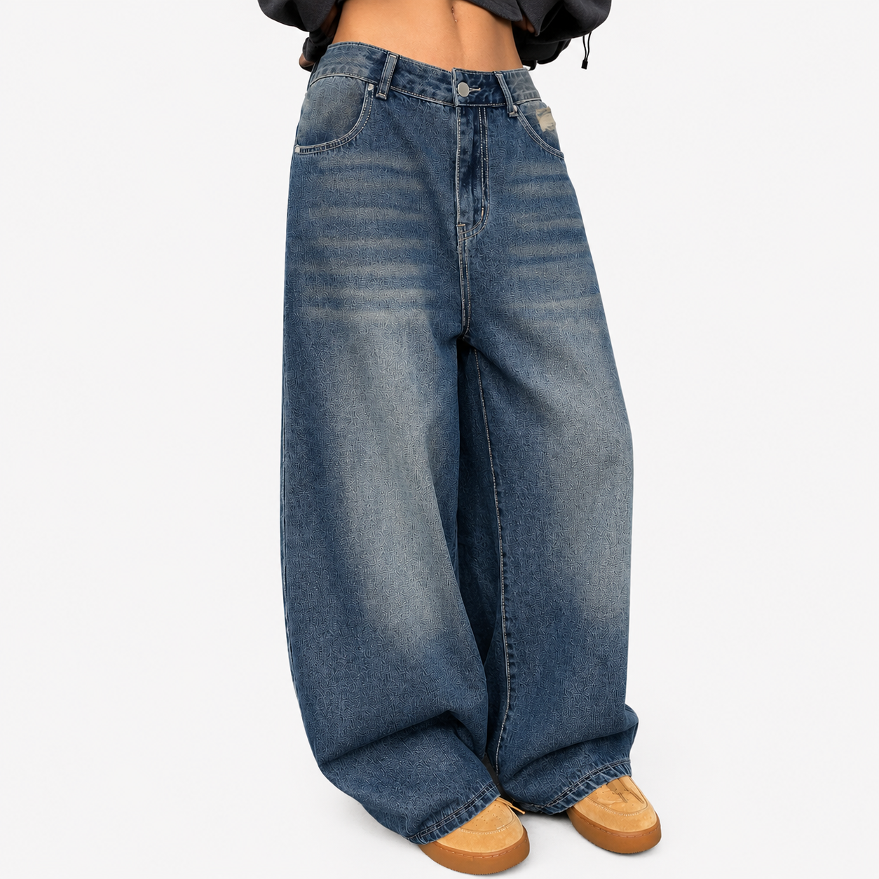 American Style Washed Blue Wide-Leg Jeans