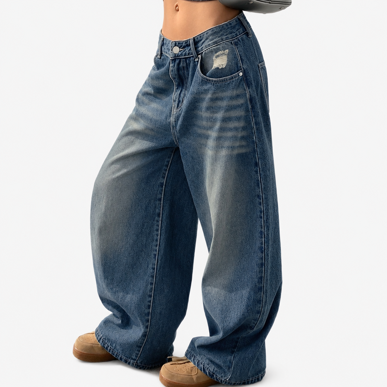 American Style Washed Blue Wide-Leg Jeans