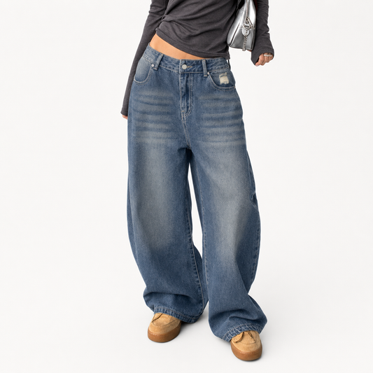 American Style Washed Blue Wide-Leg Jeans