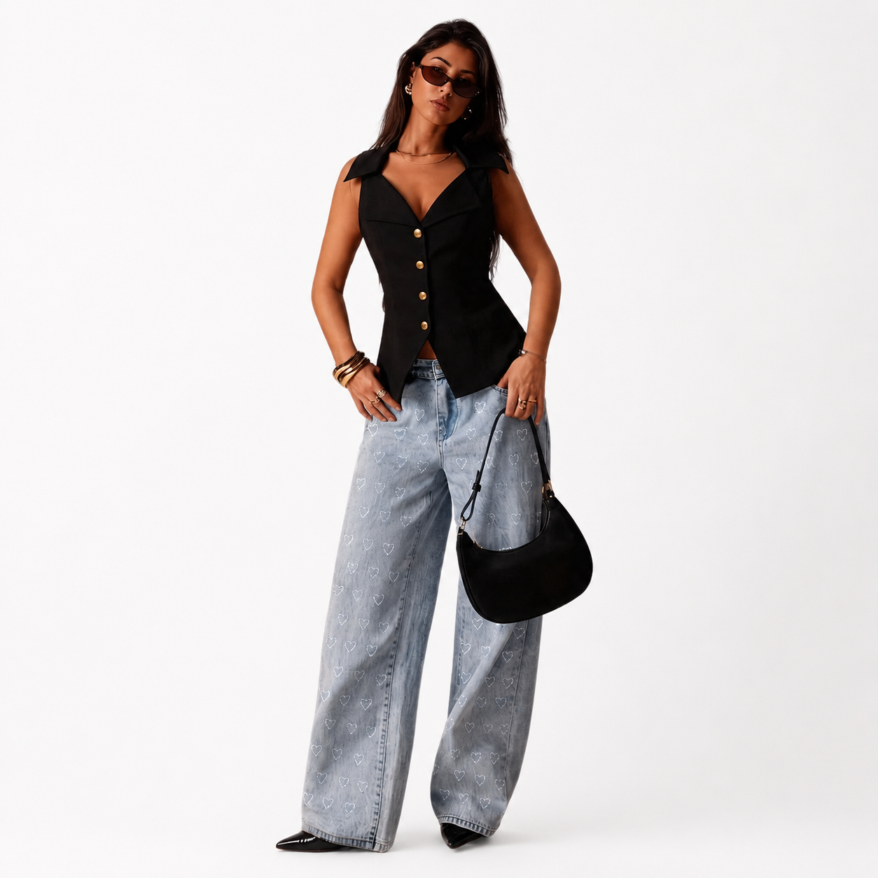 Blue Straight Jeans with Sweet Rhinestone Design