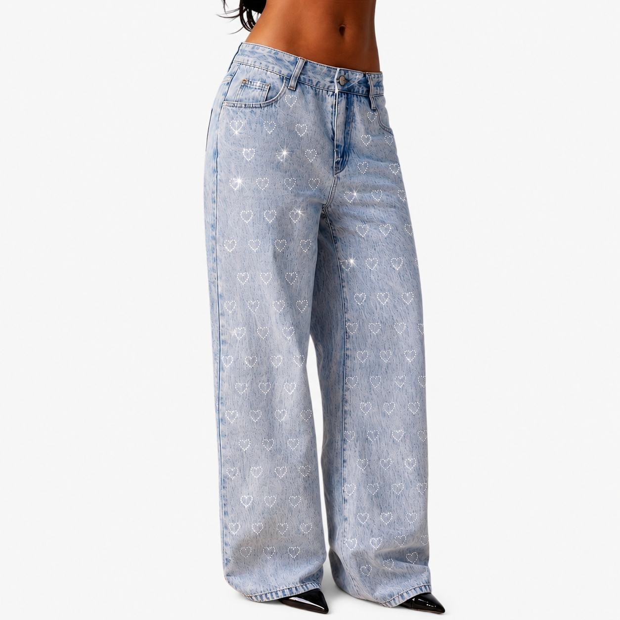 Blue Straight Jeans with Sweet Rhinestone Design
