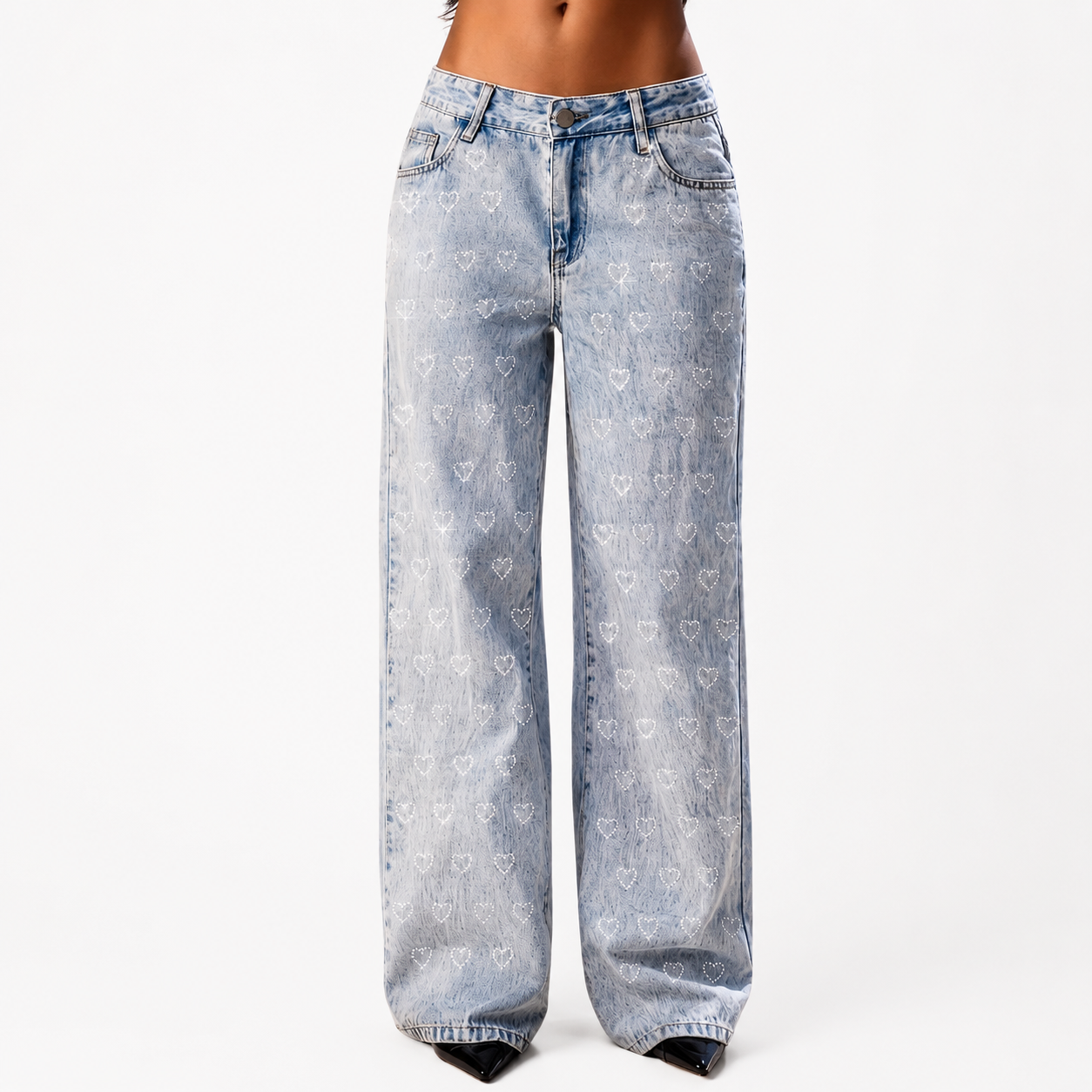 Blue Straight Jeans with Sweet Rhinestone Design