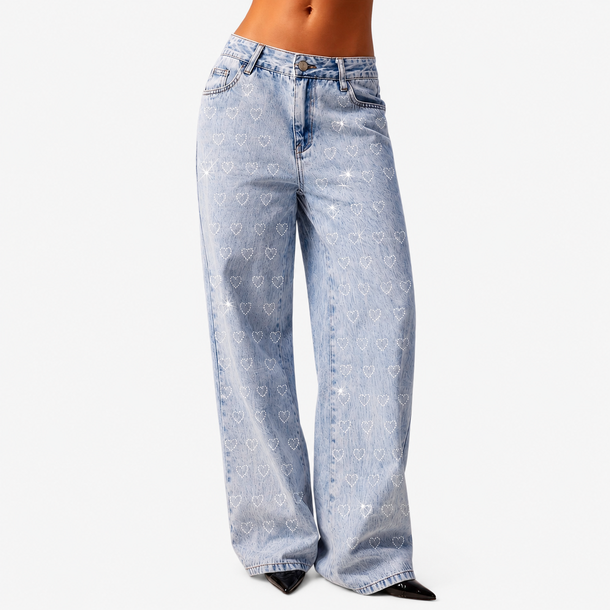 Blue Straight Jeans with Sweet Rhinestone Design