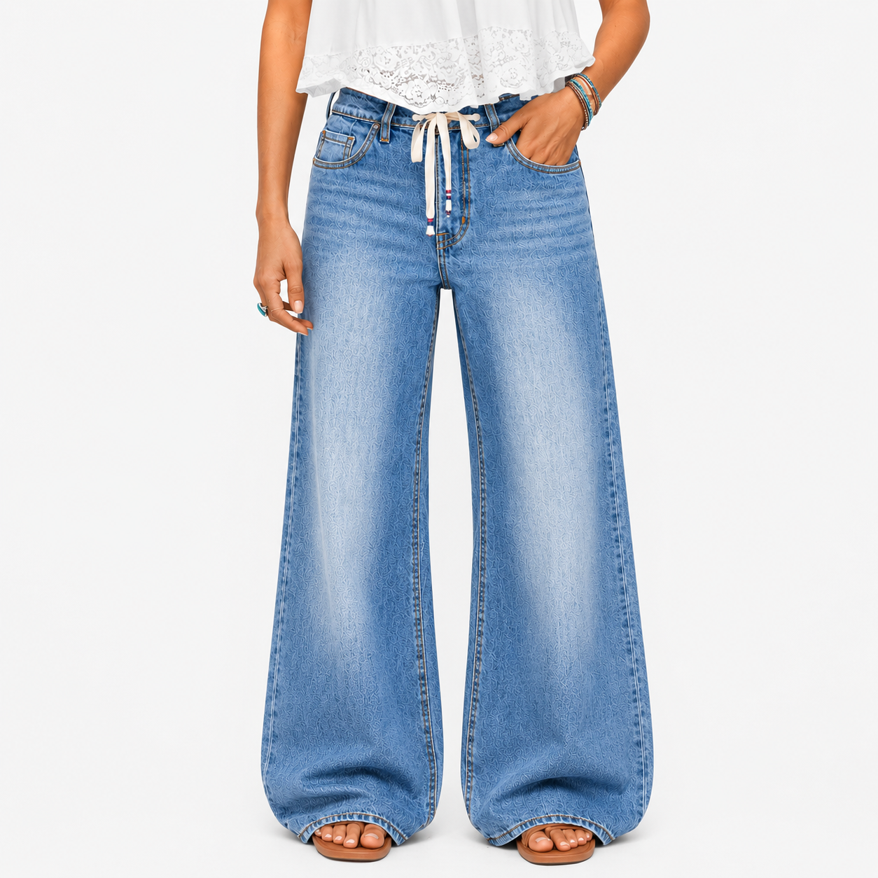 Tied Cord High-Waist Straight Leg Denim Pants