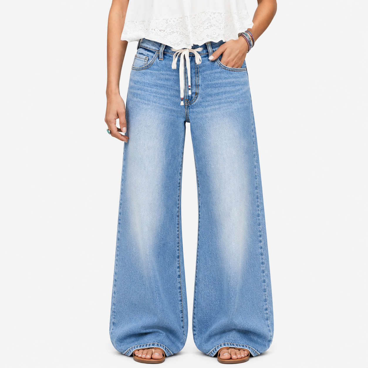 Tied Cord High-Waist Straight Leg Denim Pants