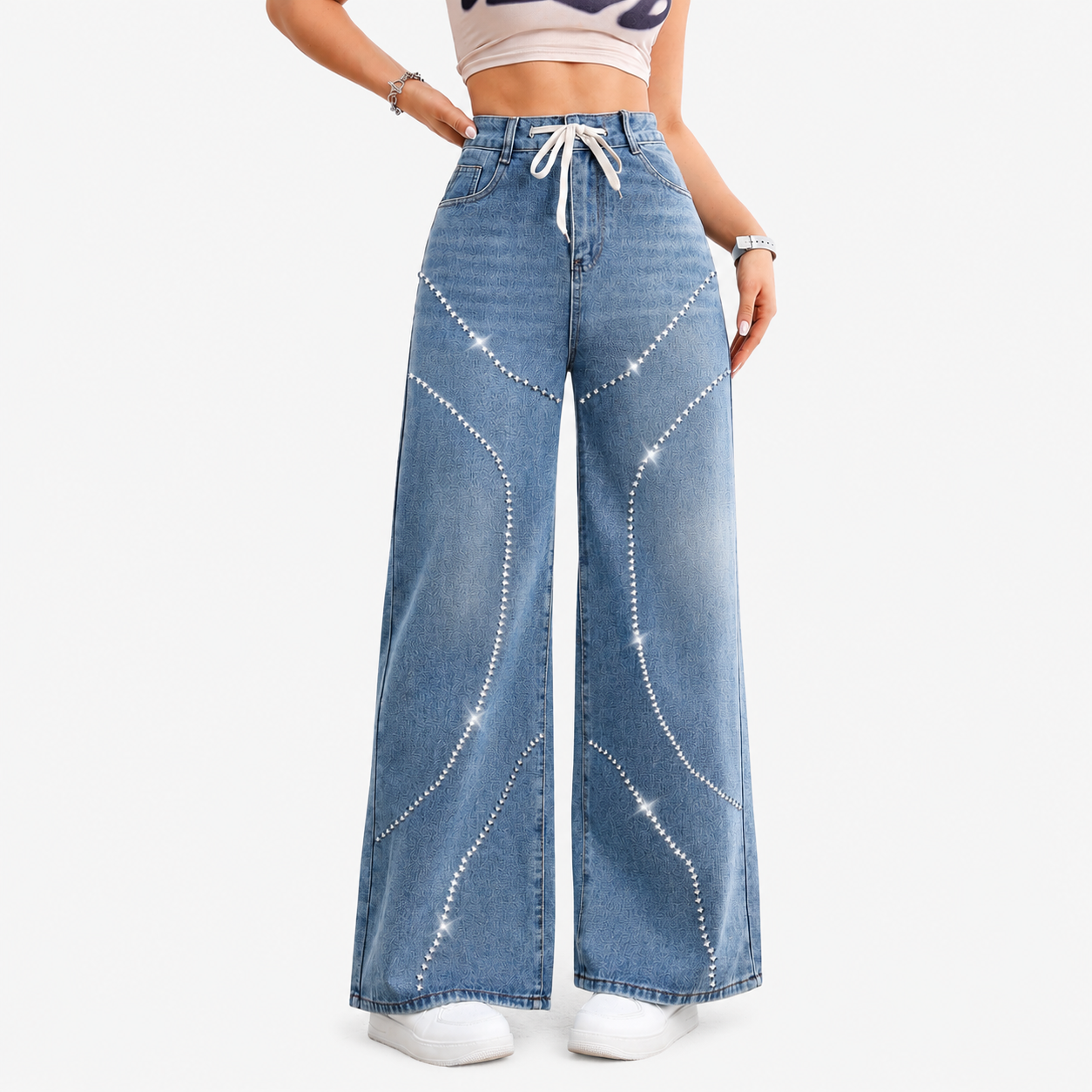 American Style Vintage Washed Denim Jeans with Beadwork