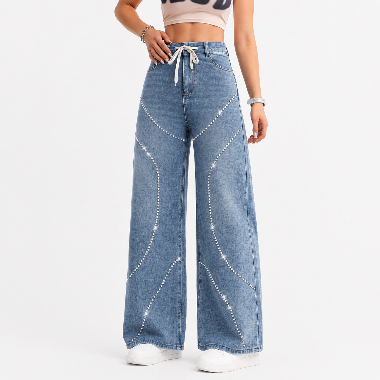 American Style Vintage Washed Denim Jeans with Beadwork