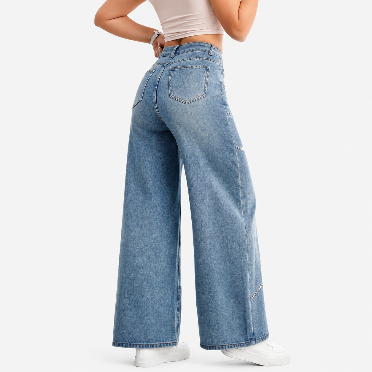 American Style Vintage Washed Denim Jeans with Beadwork