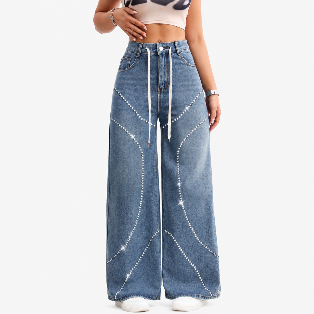 American Style Vintage Washed Denim Jeans with Beadwork