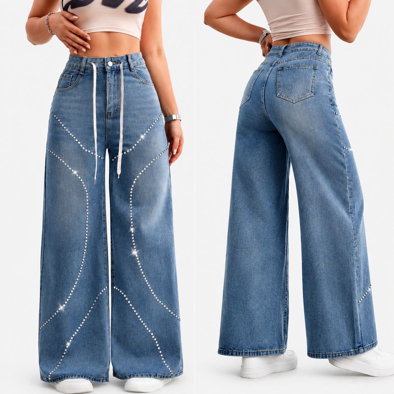 American Style Vintage Washed Denim Jeans with Beadwork