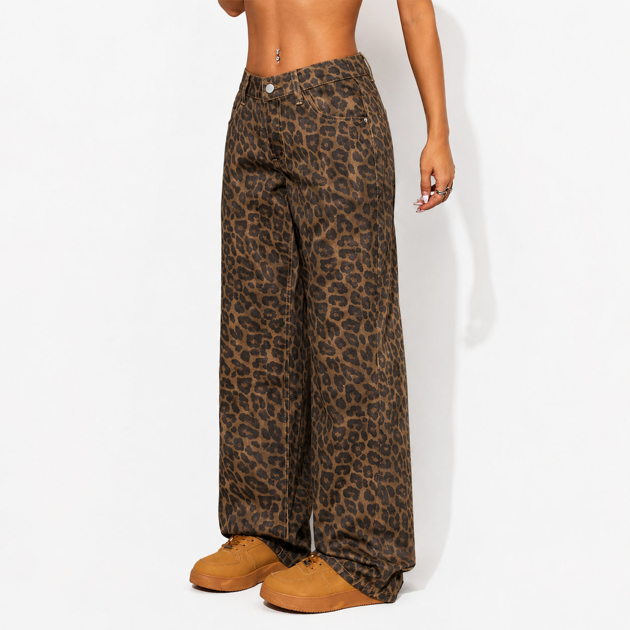 Women’s Retro Leopard Print High-Waist Jeans