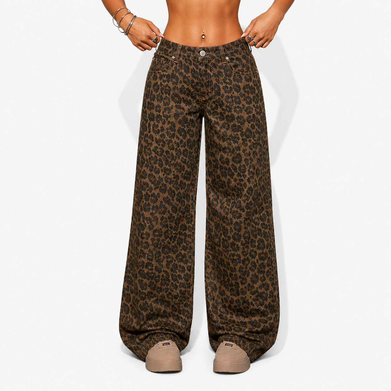 Women’s Retro Leopard Print High-Waist Jeans