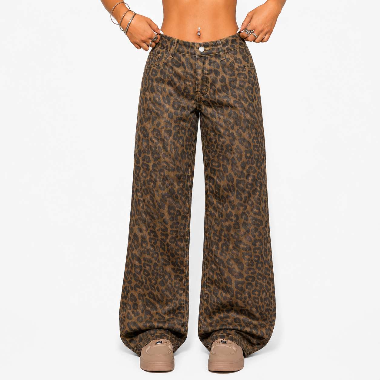 Women’s Retro Leopard Print High-Waist Jeans