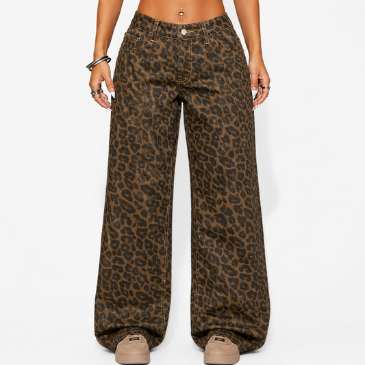 Women’s Retro Leopard Print High-Waist Jeans