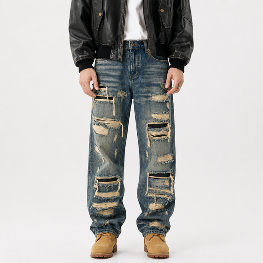 Mens Distressed Straight Fit Denim Jeans