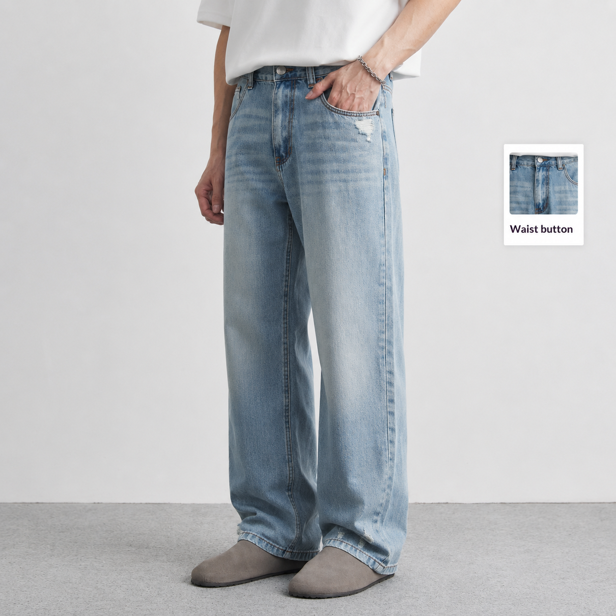 Light-wash Mens Ripped Straight-Leg Jeans