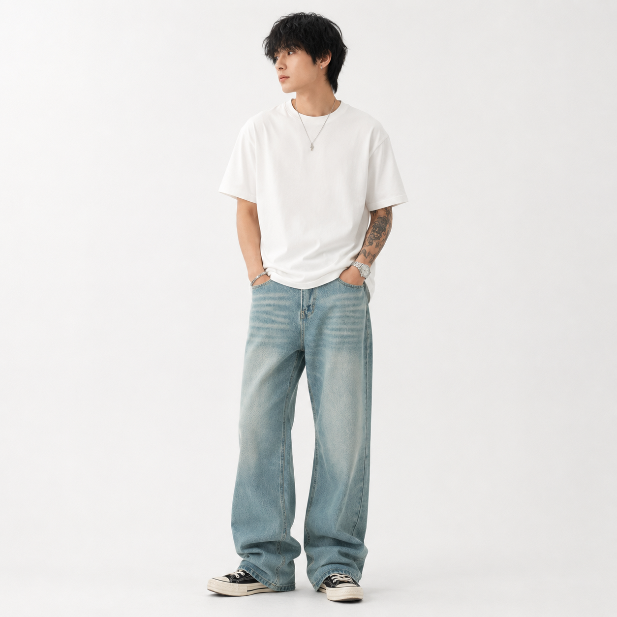 Light Blue Washed Worn Jeans