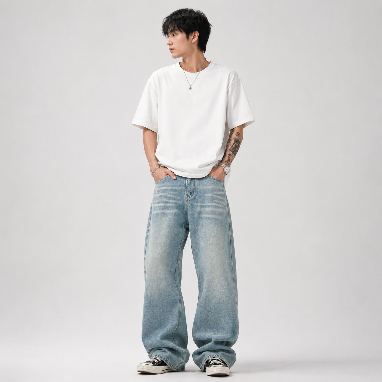 Light Blue Washed Worn Jeans