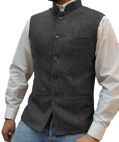Zhongshan Collar Herringbone Pattern Vest for Men