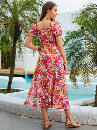 European And American Holiday Square Collar Puff Sleeve French Printing Dress