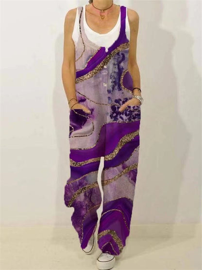 Botanical Print Casual Sleeveless Loose Jumpsuit