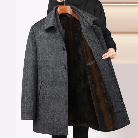 Men’s Mid-Length Woolen Plaid Coat with Detachable Double Collar