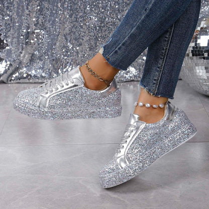Plus Size Spaanse Pumps met Pailletten, Casual Modieus, Vrouwen, Vetersluiting aan de Voorzijde, Sneakers
