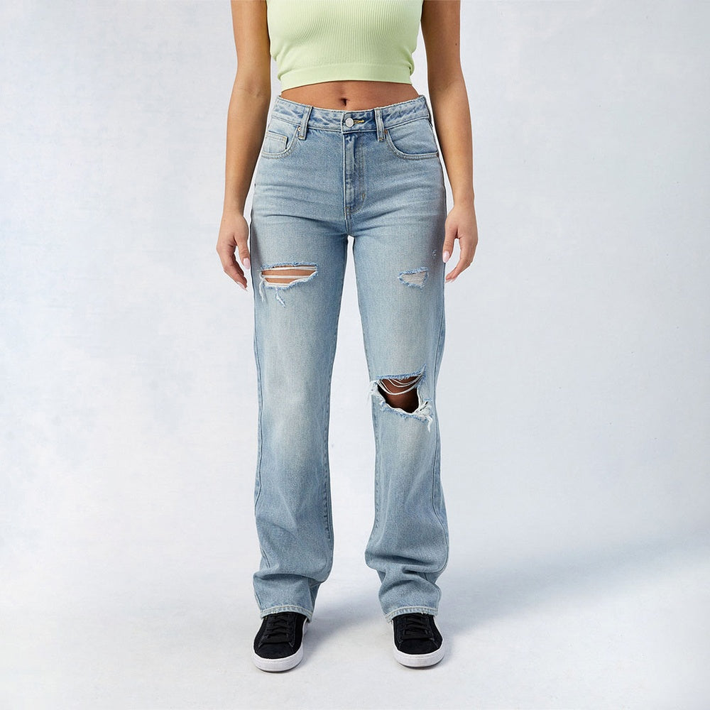 Dames High-Waist Jeans, Wijd Been, Lange Lengte met Centrale Plissé, Katoenen Denim voor Alle Seizoenen, Forbidden Platform - Temu