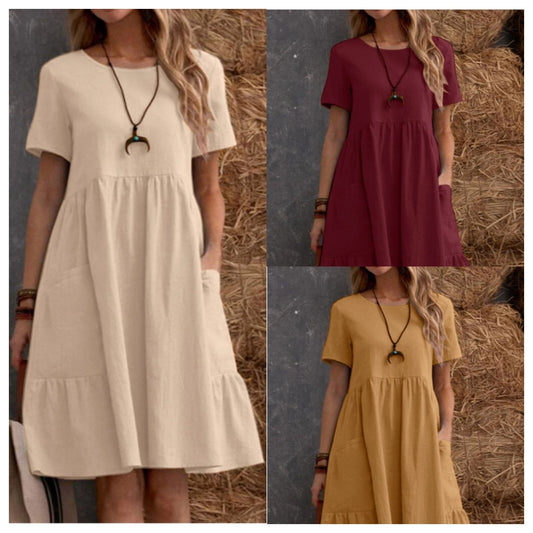 Summer Cotton And Linen Loose Fashion Round Neck Dress