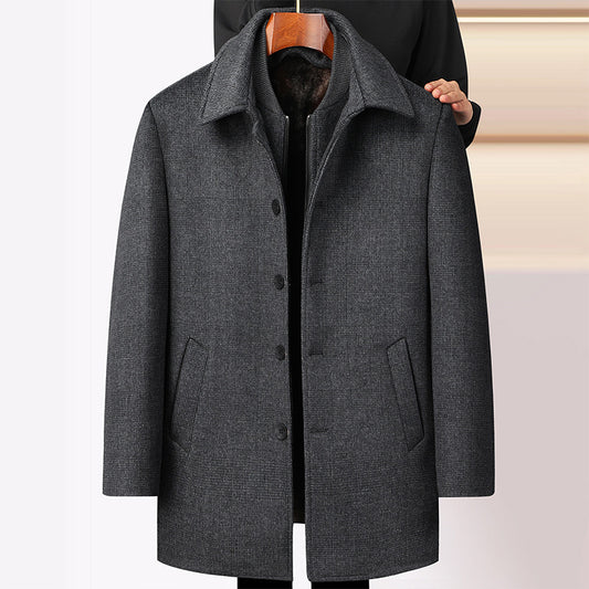 Men’s Mid-Length Woolen Plaid Coat with Detachable Double Collar