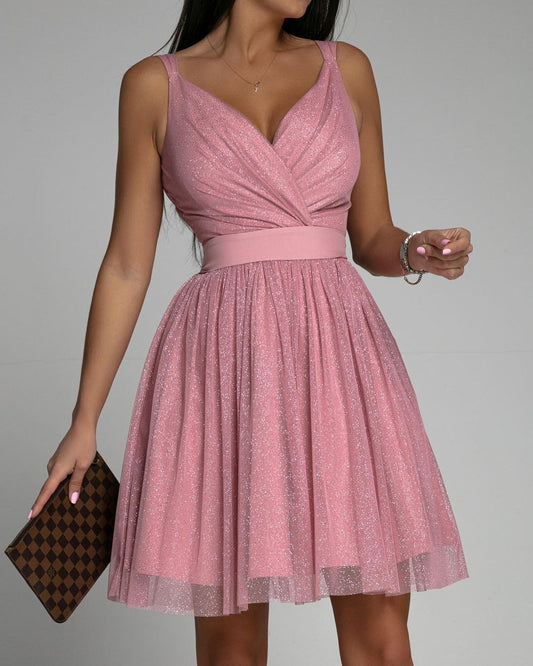 Glitter Deep V Neck Sleeveless Mesh Party Dress