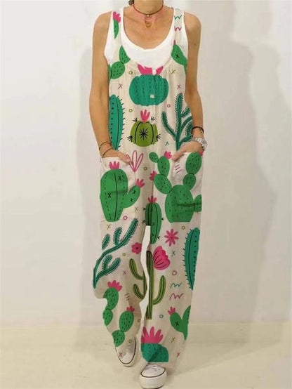Botanical Print Casual Sleeveless Loose Jumpsuit