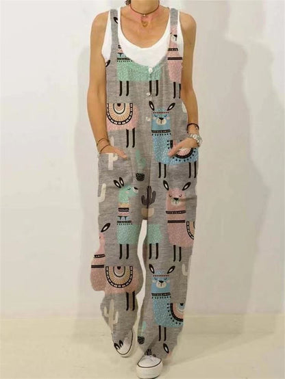 Botanical Print Casual Sleeveless Loose Jumpsuit