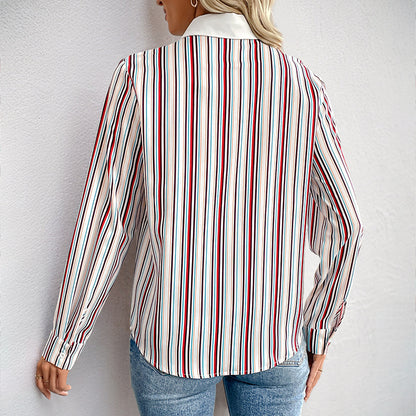 Lapel Color Vertical Striped Shirt For Women