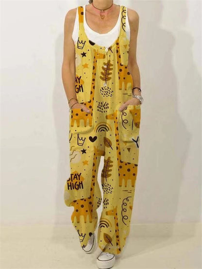 Botanical Print Casual Sleeveless Loose Jumpsuit