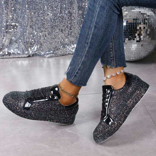 Plus Size Spaanse Pumps met Pailletten, Casual Modieus, Vrouwen, Vetersluiting aan de Voorzijde, Sneakers