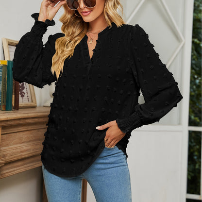 Dot Long-sleeved Bubble Sleeve V-neck Shirt Top