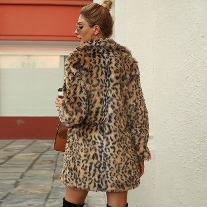 Leopard Print Faux Fur Suit Collar Coat