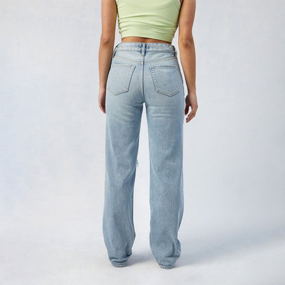 Dames High-Waist Jeans, Wijd Been, Lange Lengte met Centrale Plissé, Katoenen Denim voor Alle Seizoenen, Forbidden Platform - Temu
