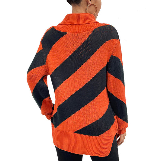 Female Casual Contrast Color Diagonal Stripes Turtleneck Pullover