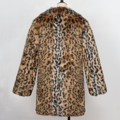 Leopard Print Faux Fur Suit Collar Coat