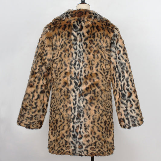 Leopard Print Faux Fur Suit Collar Coat