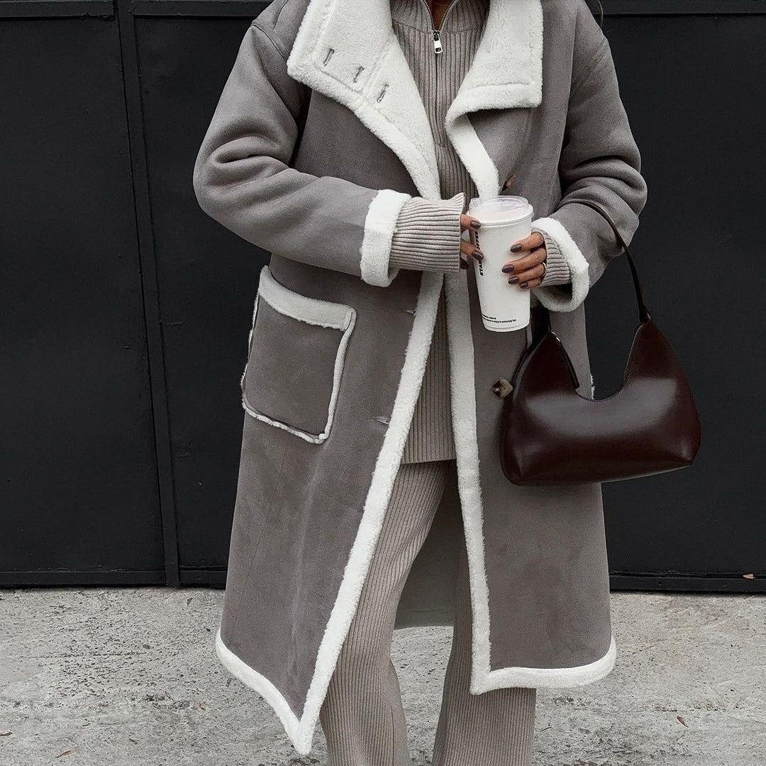 Winter Patch Pocket Gray And White Color Matching Coat