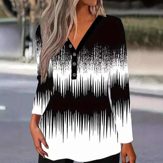 Color Matching Printed V-Neck Long Sleeve T-Shirt